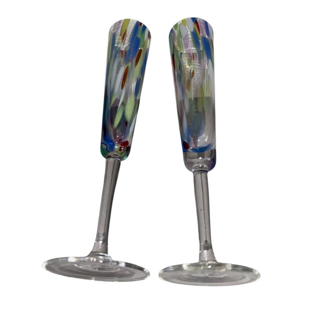 Hand Blown Confetti Glass Champagne Flutes • Artisan Studio Pair • Signed - Picture 4 of 7